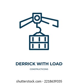 Derrick with load icon. Linear vector illustration from constructicons collection. Outline derrick with load icon vector. Thin line symbol for use on web and mobile apps, logo, print media.