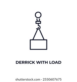Derrick con el icono de contorno de carga. Vector lineal desde el concepto de construcción. Línea delgada derrick con icono de carga aislado sobre fondo blanco