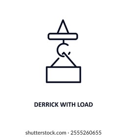 derrick with load outline icon.  Thin line icon from construction collection. Editable vector isolated on white background