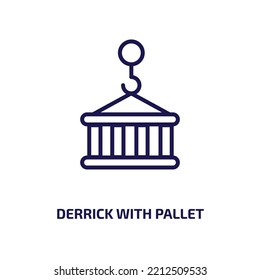 derrick with pallet icon from construction collection. Thin linear derrick with pallet, construction, truck outline icon isolated on white background. Line vector derrick with pallet sign, symbol for 