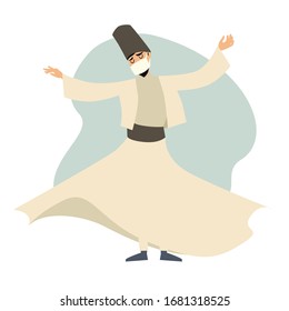 Dervish masked dancer vector illustration. Turkish man.Turkey quarantine. Metaphor of coronavirus epidemic concept. Dervish masked dancer characters cartoon flat style. Isolated drawing icon 