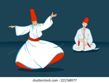 A dervish is whirling and a sufi is making music with reed flute.