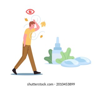 DES Medical and Pharmaceutical Concept. Male Character Walk Outdoor Suffering of Dry Eyes Syndrome and Conjunctivitis Disease. Vision Health Problem Treatment. Cartoon People Vector Illustration