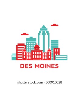 Des Moines city architecture retro vector illustration, skyline city silhouette, skyscraper, flat design