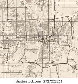 Des Moines City Map in this sepia hued image the cityscape unfolds in meticulous detail showcasing crisp clean lines and a harmonious interplay of buildings and streets, emphasizing refined linework.