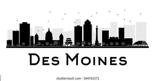 Des Moines City Skyline schwarz-weiß Silhouette. Vektorgrafik. Einfaches flaches Konzept für touristische Präsentation, Banner, Plakate oder Website. Geschäftsreisekonzept. Stadtbild mit Wahrzeichen