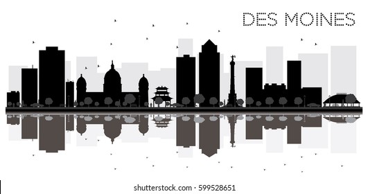 Des Moines City Skyline schwarz-weiß Silhouette mit Reflexionen. Vektorgrafik. Einfaches flaches Konzept für touristische Präsentation, Banner, Plakate oder Website. Stadtbild mit Wahrzeichen