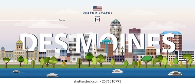 Des Moines city skyline colorful vector illustration. Travel poster