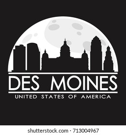 Des Moines Full Moon Night Skyline Silhouette Design City Vector Art.