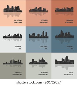 Des Moines, Harrisburg, Raleigh, Davenport, Charlotte, Pittsburgh, Cedar Rapids, Greensboro, Philadelphia (Set of 9 City silhouette)