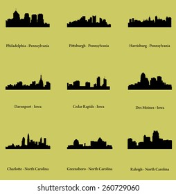 Des Moines, Harrisburg, Raleigh, Davenport, Charlotte, Pittsburgh, Cedar Rapids, Greensboro, Philadelphia (Set of 9 City silhouette)