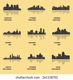 Des Moines, Harrisburg, Raleigh, Davenport, Charlotte, Pittsburgh, Cedar Rapids, Greensboro, Philadelphia (Set of 9 City silhouette)