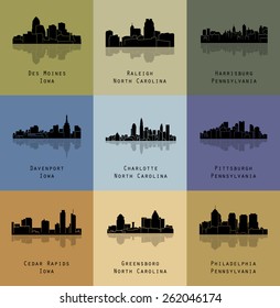 Des Moines, Harrisburg, Raleigh, Davenport, Charlotte, Pittsburgh, Cedar Rapids, Greensboro, Philadelphia (Set of 9 City silhouette)