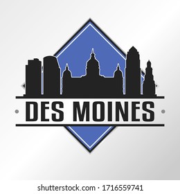 Des Moines, IA, USA Skyline Logo. Adventure Landscape Design Vector Illustration.