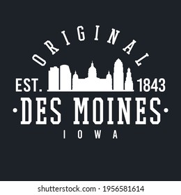 Des Moines, IA, USA Skyline Original. Una Escuela de Deportes Logotipo y Estilo Universitario. Vector de diseño de ilustración.