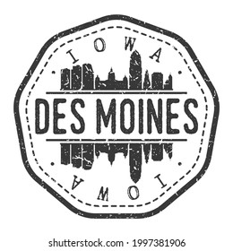 Des Moines, IA, USA Stamp Skyline Postmark. Silhouette Postkarte. City Round Vector Icon. Vintage Postage Design.