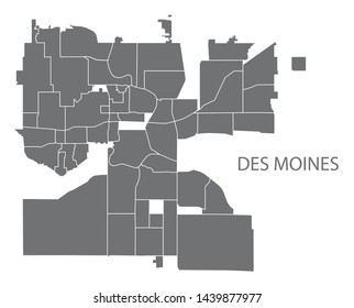 Des Moines Iowa city map with neighborhoods grey illustration silhouette shape