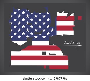 Des Moines Iowa City map with American national flag illustration