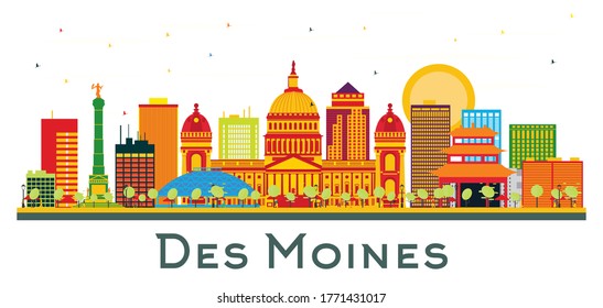 Des Moines Iowa City Skyline with Color Buildings Isolated on White. Vector Illustration. Business Travel and Tourism Concept with Historic Architecture. Des Moines USA Cityscape with Landmarks.