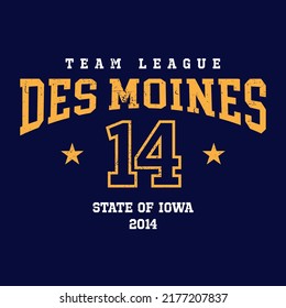 Des Moines, Iowa design for t-shirt. College tee shirt print. Typography graphics for sportswear and apparel. Vector illustration.