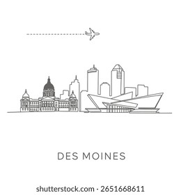 Des Moines Iowa Skyline with USA, and Airport Travel.
