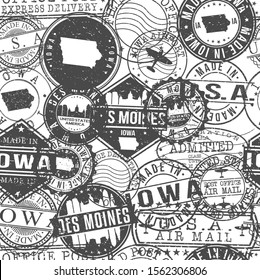 Des Moines Iowa Stamps Background. City Stamp Vector Art. Postal Passport Travel. Design Set Pattern.