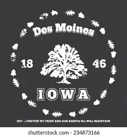 Des Moines, Iowa. t-shirt graphic. Vector illustration