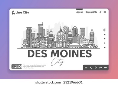 Des Moines, Iowa, USA Architektur Linie Skyline Illustration. Lineares Vektorbild mit berühmten Wahrzeichen, Sehenswürdigkeiten, Designsymbols. Landschaft mit bearbeitbaren Strichen.