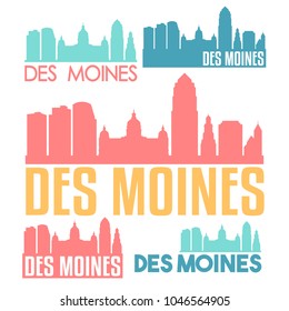 Des Moines Iowa USA Flat Icon Skyline Vector Silhouette Design Set