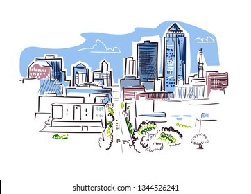 Des Moines Iowa vector sketch line usa landscape hand drawn 