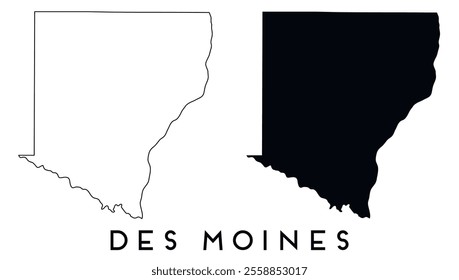 Des Moines map outline and black silhouette vector