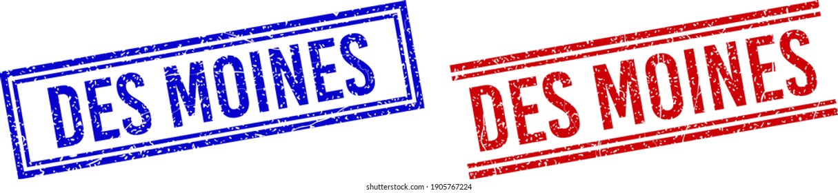 DES MOINES rubber watermarks with distress texture. Vectors designed with double lines, in blue and red versions. Label placed inside double rectangle frame and parallel lines.