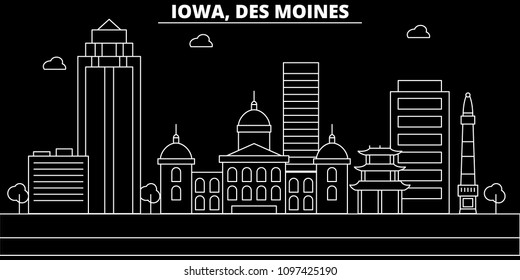 Des Moines silhouette skyline. USA - Des Moines vector city, american linear architecture, buildings. Des Moines travel illustration, outline landmarks. USA flat icon, american line banner
