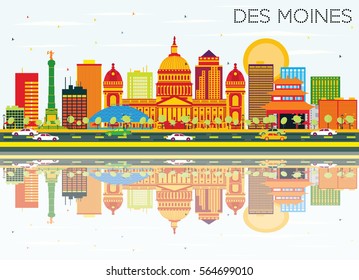 Des Moines Skyline mit Color Buildings, Blue Sky und Reflections. Vektorgrafik. Business Travel and Tourism Konzept. Bild für Präsentationsbanner-Platzierung und Website.