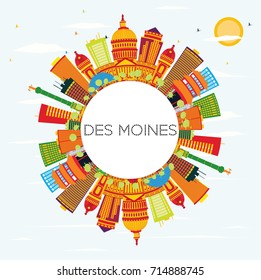 Des Moines Skyline with Color Buildings, Blue Sky and Copy Space. Vector Illustration. Business Travel and Tourism Concept. Image for Presentation Banner Placard and Web Site.