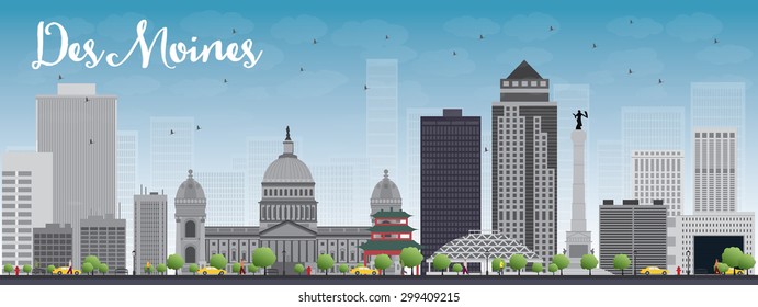 Des Moines Skyline with Grey Buildings and Blue Sky. Vector Illustration. Business travel and tourism concept with modern buildings. Image for presentation, banner, placard and web site.