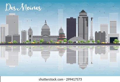 Des Moines Skyline with Grey Buildings, Blue Sky and reflections. Vector Illustration. Business travel and tourism concept with place for text. Image for presentation, banner, placard and web site.