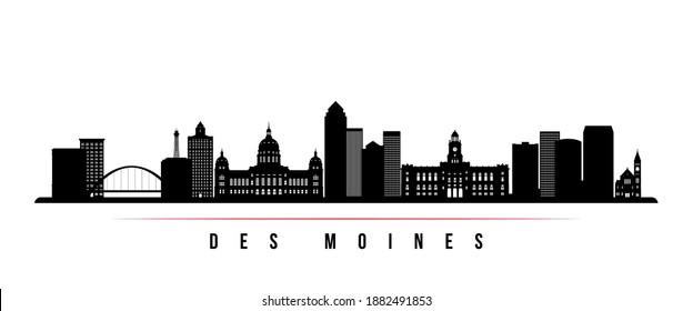 Des moines skyline horizontal banner. Black and white silhouette of Des moines City, Iowa. Vector template for your design. 