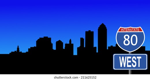 Des Moines skyline with interstate 80 sign vector illustration 