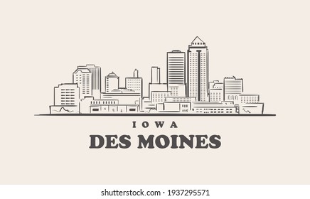 Des Moines skyline, iowa drawn sketch