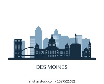 Des moines skyline, monochrome silhouette. Vector illustration.