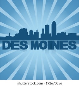 Des Moines skyline reflected with blue sunburst vector illustration