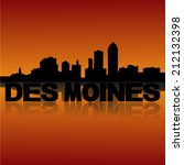 Des Moines skyline reflected with text and sunset vector illustration