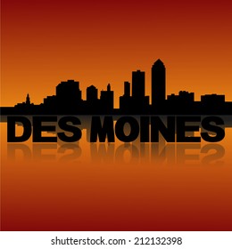 Des Moines skyline reflected with text and sunset vector illustration