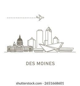 Des Moines Skyline Vector with Iowa USA, and Airplane.