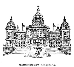 Des Moines, State Capitol is the office of governor located in Lowa's capital city which was constructed in 1871-86 vintage line drawing.