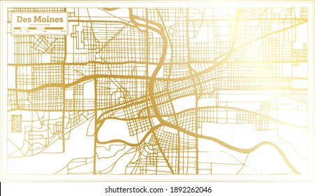 Des Moines USA City Map in Retro Style in Golden Color. Mapa de esquema. Ilustración vectorial.