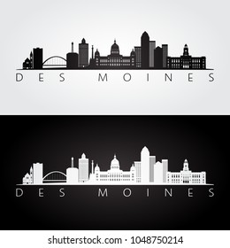 Des Moines USA skyline and landmarks silhouette, black and white design, vector illustration.