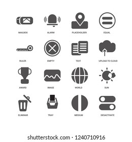 Desactivate, Upload to Cloud, Text, Eliminar, Sun, Mailbox, Ruler, Award, Medium, Tray, Placeholder icon 16 set EPS 10 vector format. Icons optimized for both large and small resolutions.