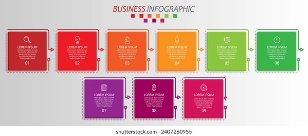 desain bisnis infografis 9 bagian atau langkah, terdapat icon, tex dan nomor, desain persegi penuh warna dengan garis warna yang saling berhubungan, untuk alur kerja diagram, banner dan bisnis anda